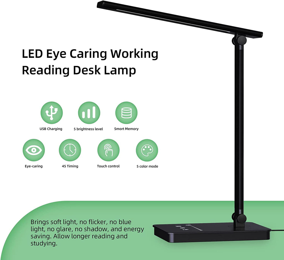Desk Lamp 3 Modes 5 Dimmable Levels Touch USB Powered Reading Light Eye Protect with Timer Table Lamp