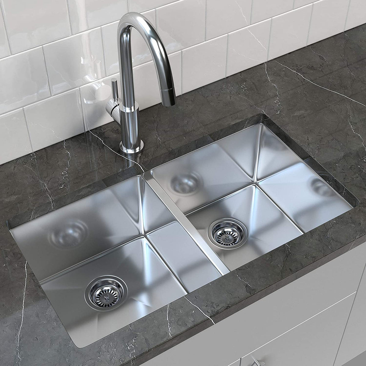 Under Mount Stainless Steel Double Bowl Sink with Micro Radius Corners