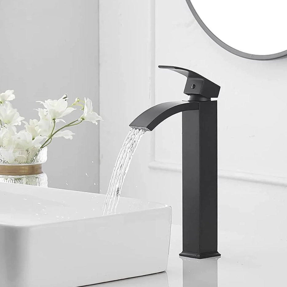 Tall Bathroom Faucet with Supply Hose and Pop Up Drain, Black