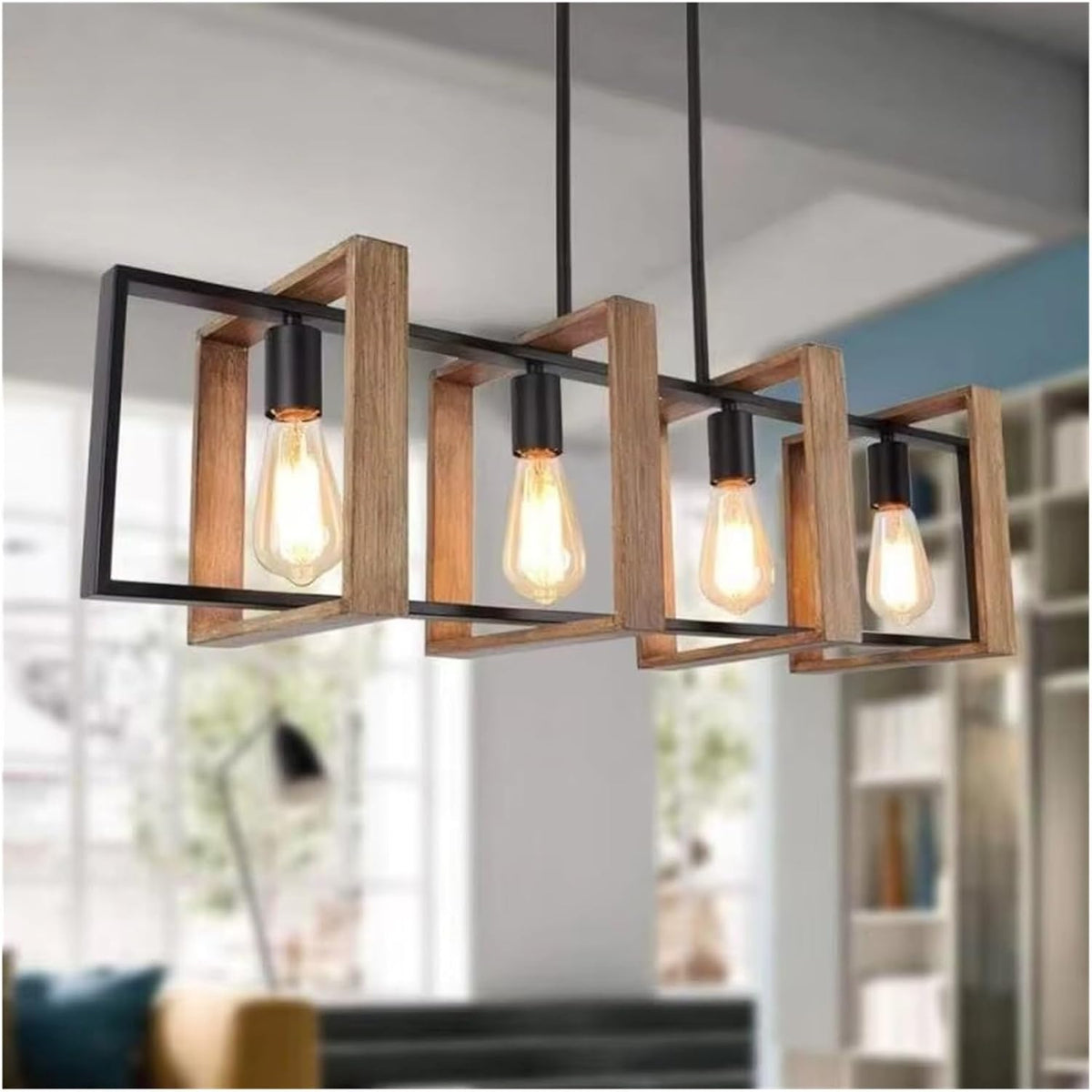 4-Light Farmhouse Chandelier with Wood &amp; Metal Design