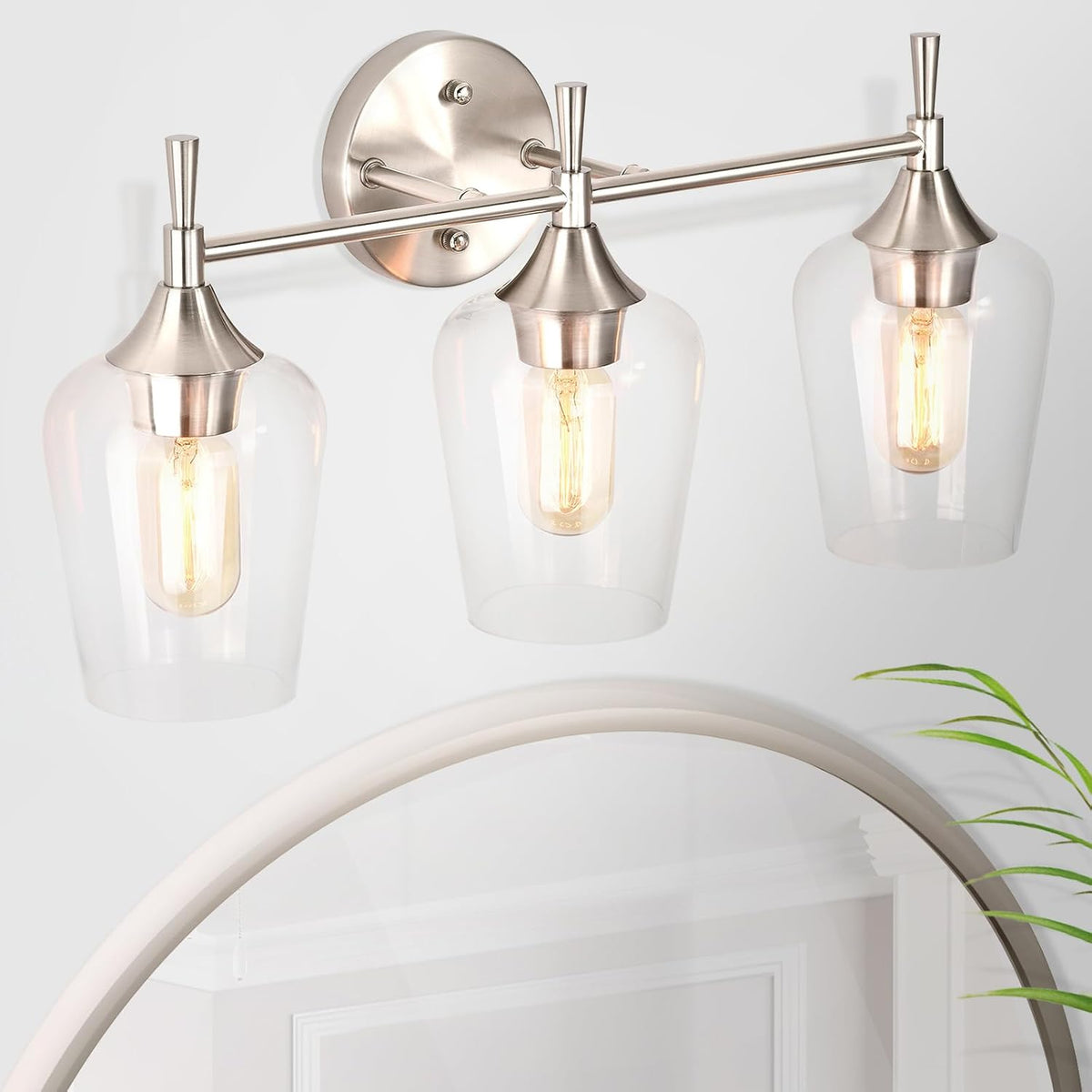 3-Light Vanity Lights, Modern Brushed Nickel with Clear Glass Shade