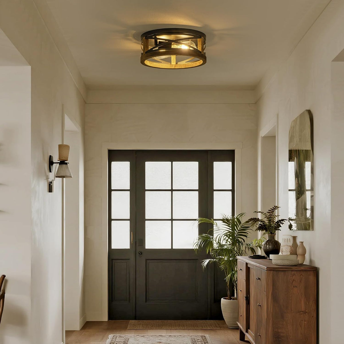 Black Flush Mount Ceiling Light with Metal &amp; Wood Frame Round