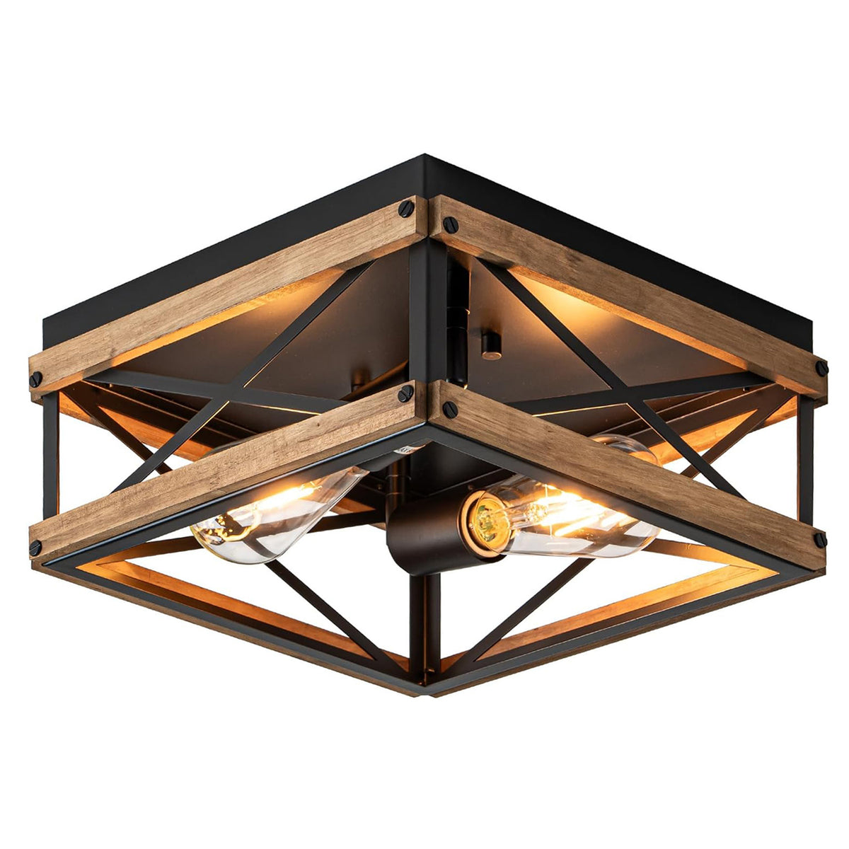 Black Flush Mount Ceiling Light with Metal &amp; Wood Frame