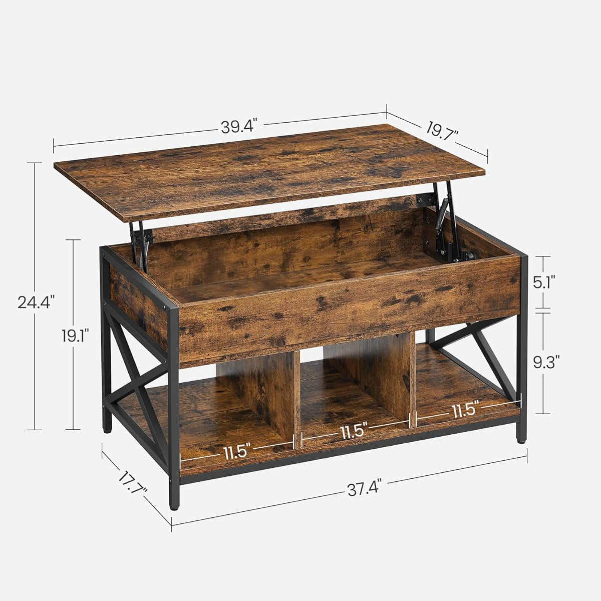 Lift Top Coffee Table With Storage Shelf, Rustic Brown