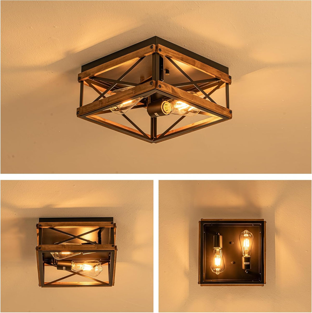 Black Flush Mount Ceiling Light with Metal &amp; Wood Frame