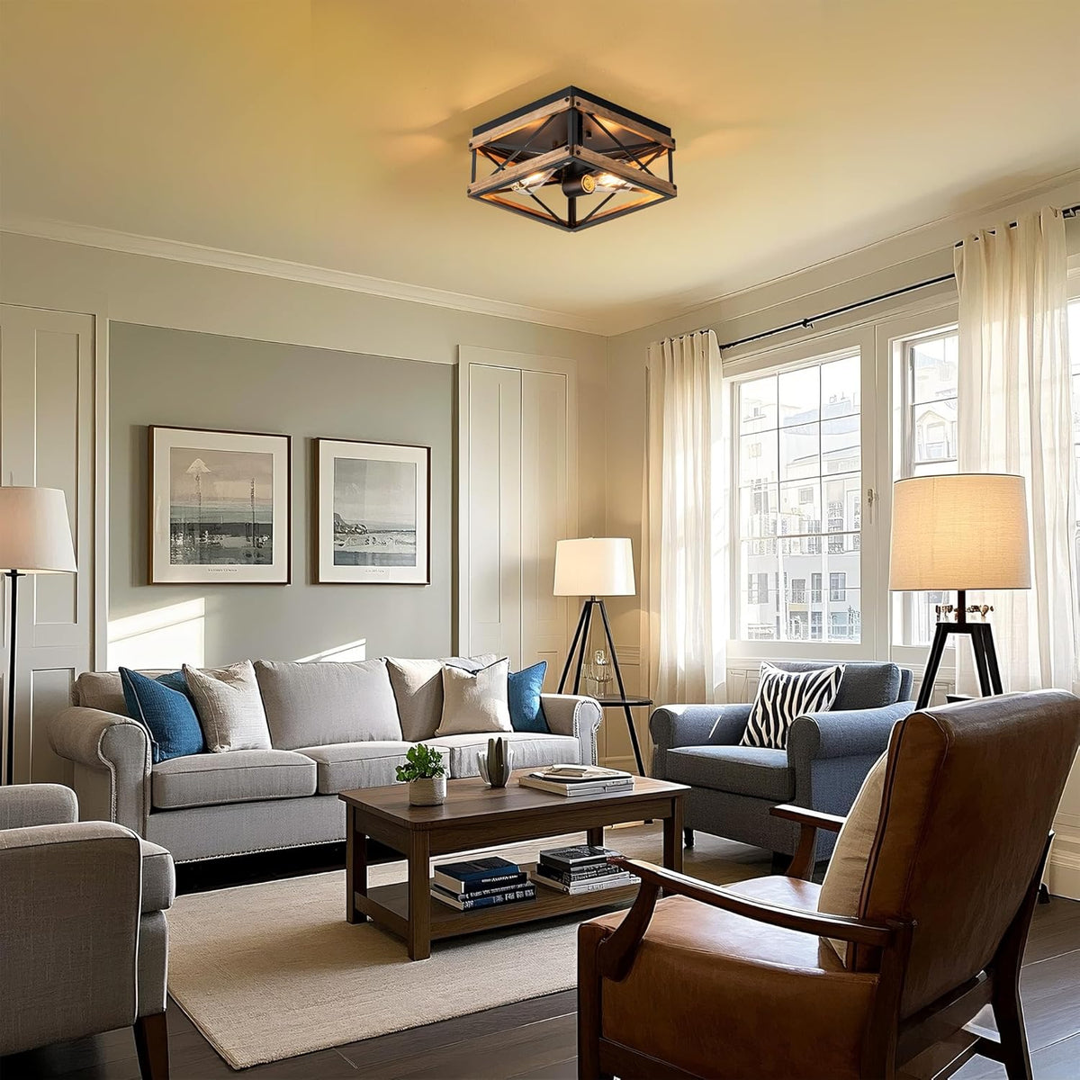 Black Flush Mount Ceiling Light with Metal &amp; Wood Frame