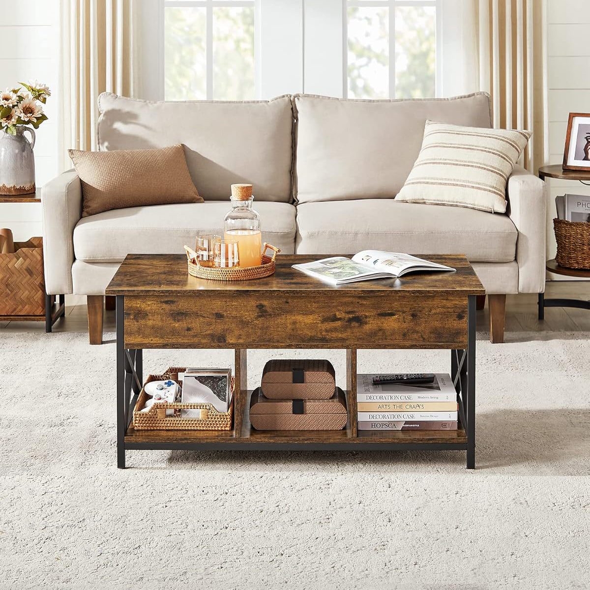 Lift Top Coffee Table With Storage Shelf, Rustic Brown