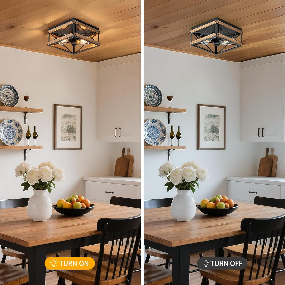 Black Flush Mount Ceiling Light with Metal &amp; Wood Frame