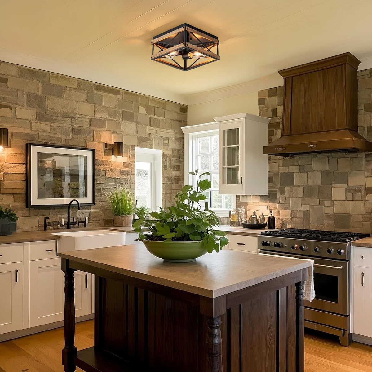 Black Flush Mount Ceiling Light with Metal &amp; Wood Frame