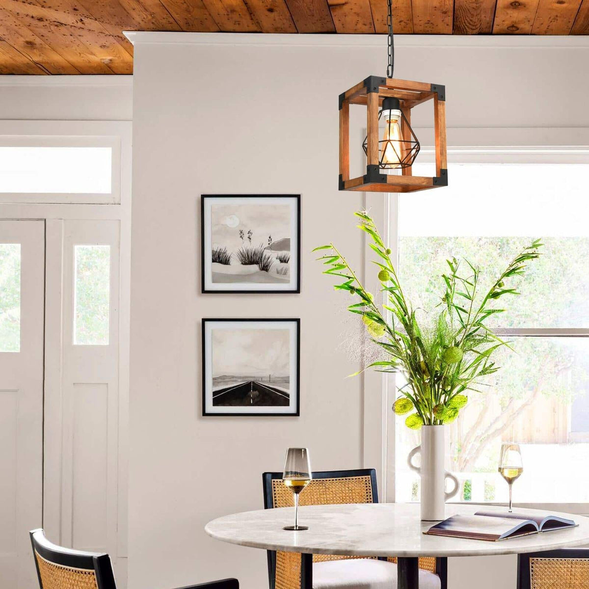 Light Brown Wood Cage Pendant Light