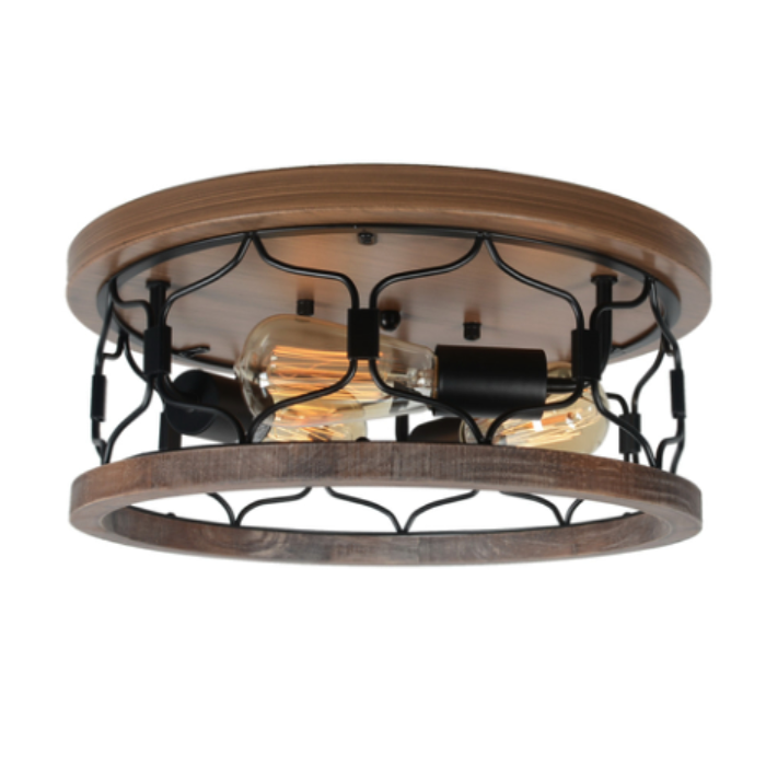 Black Flush Mount Ceiling Light with Metal &amp; Wood Frame Round