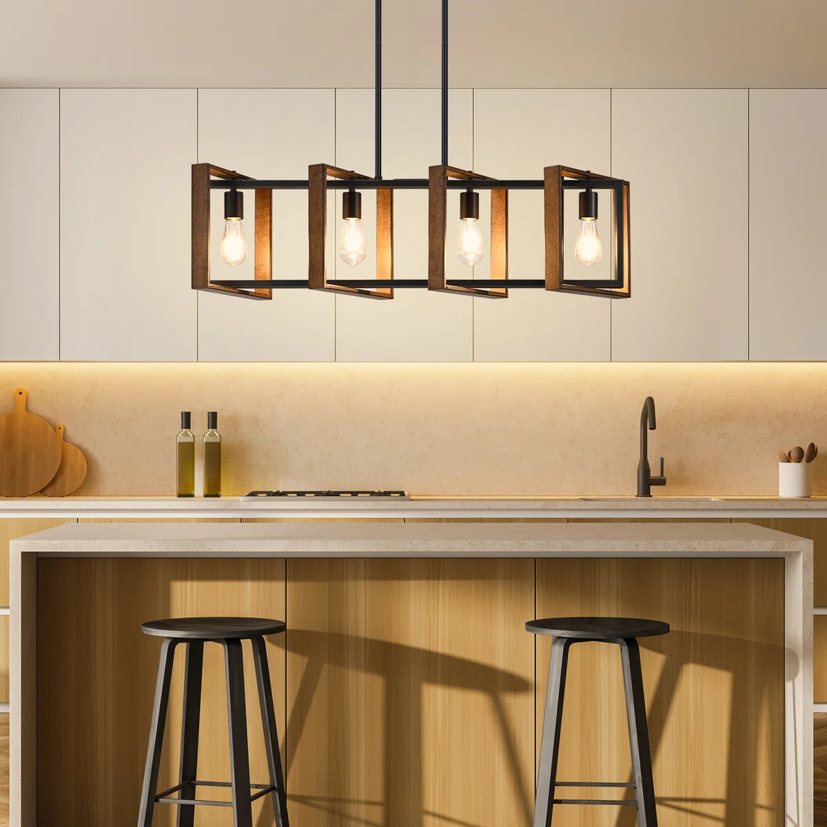 4-Light Farmhouse Chandelier with Wood &amp; Metal Design