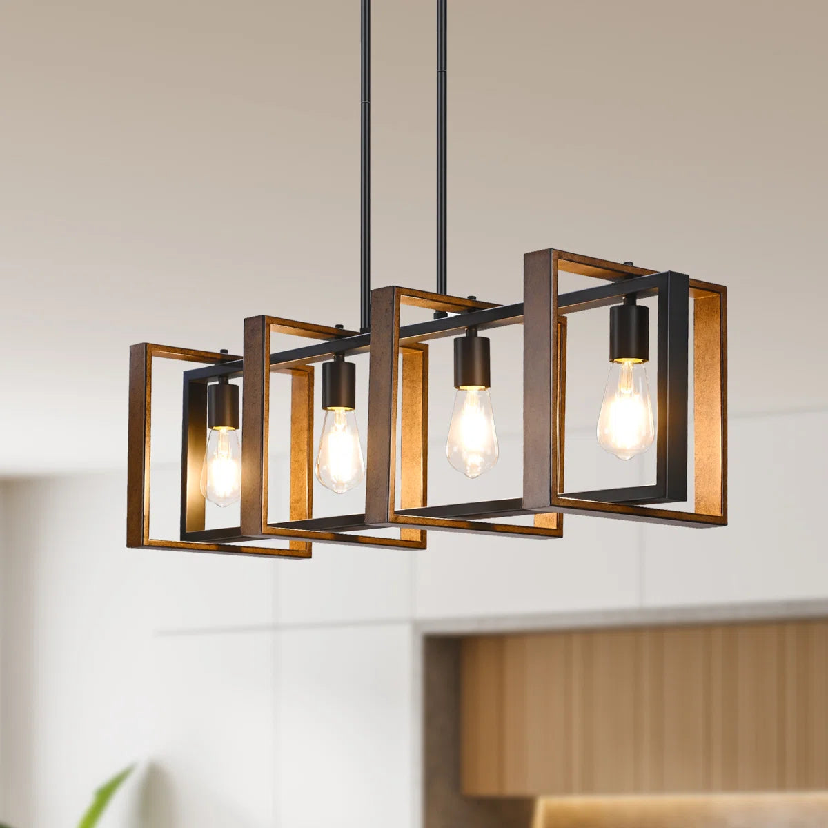 4-Light Farmhouse Chandelier with Wood &amp; Metal Design