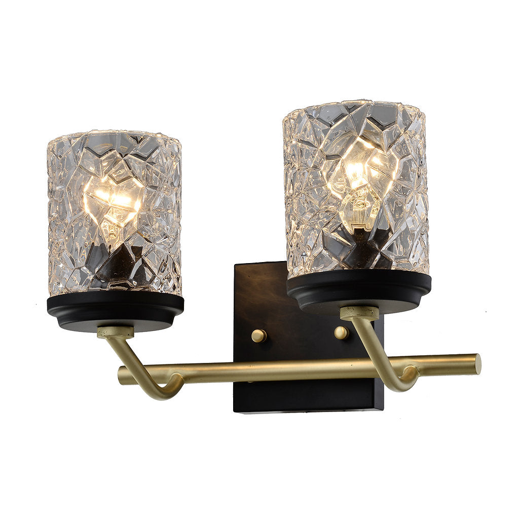 2 Light Vanity Light Fixture in Black and Gold with Crash Glass Shades