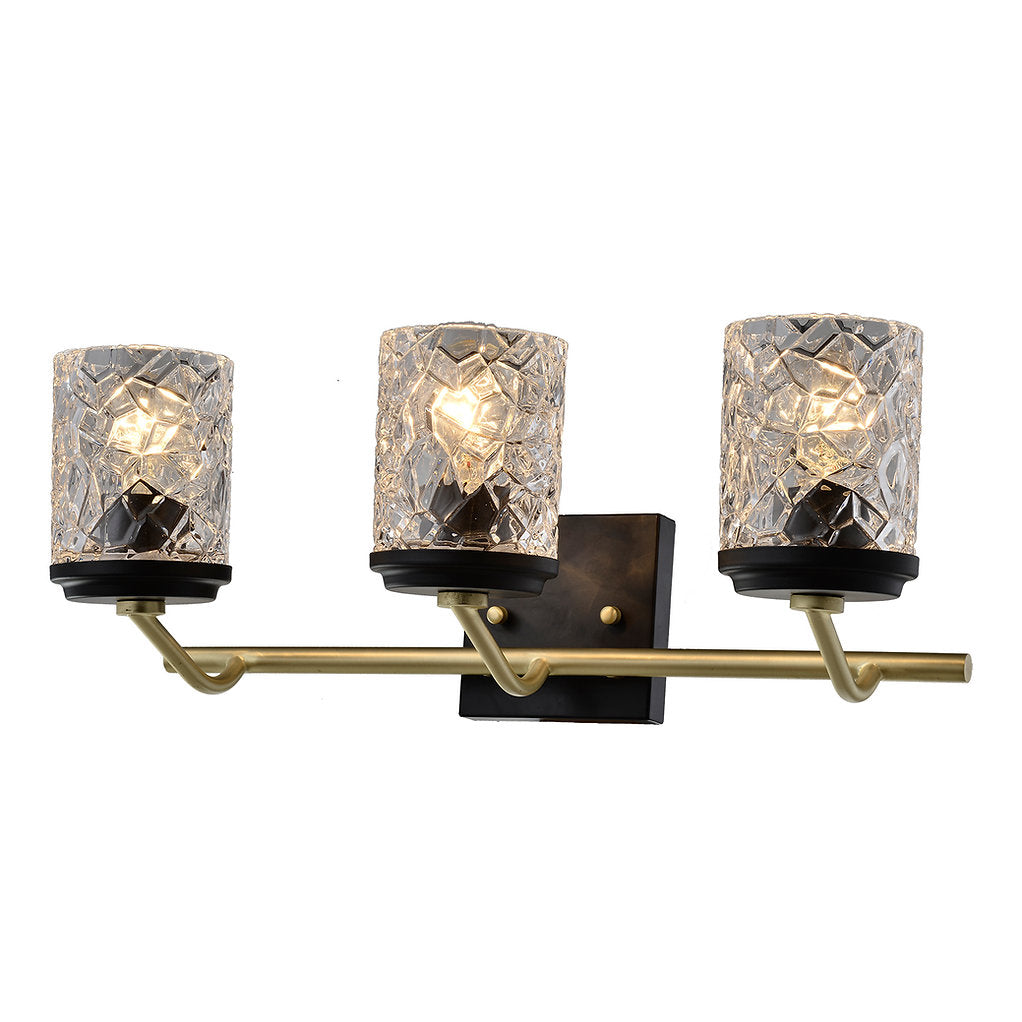 3 Light Vanity Light Fixture in Black and Gold with Crash Glass Shades